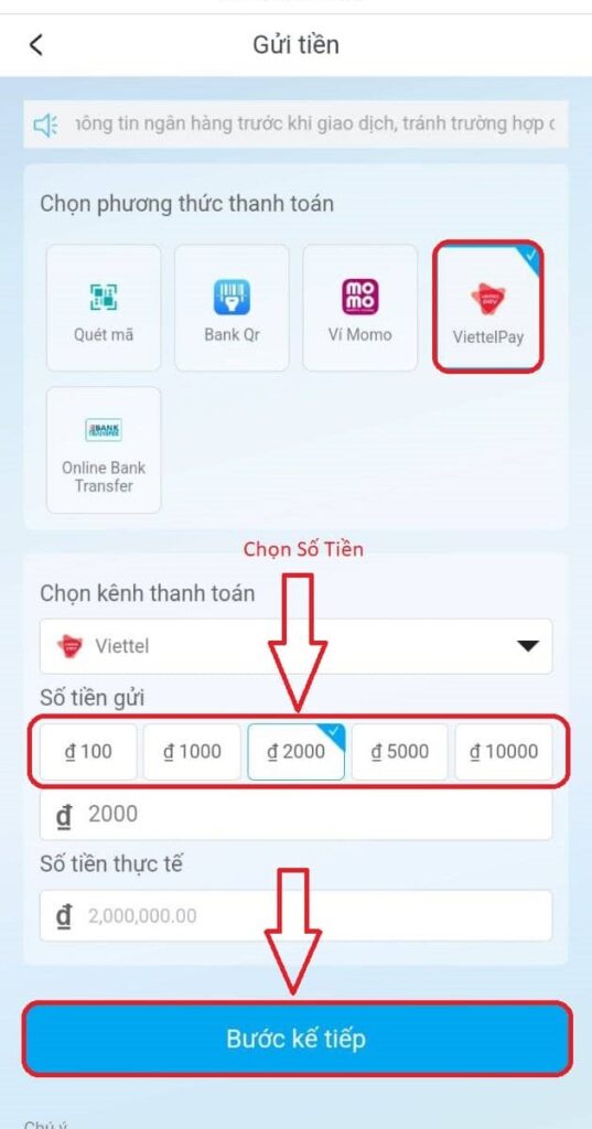 Chọn phương thức nạp tiền ViettelPay Chọn phương thức nạp tiền ViettelPay